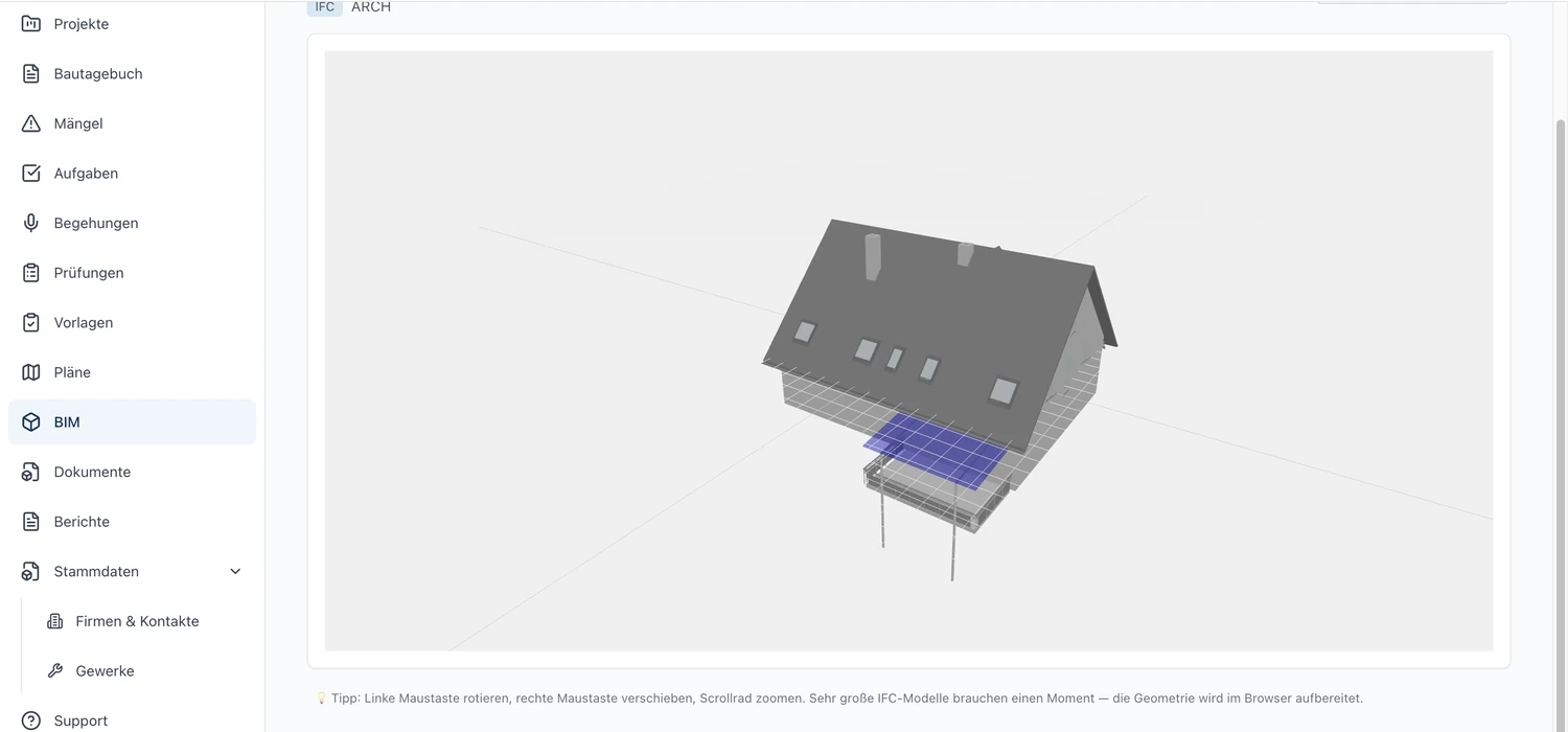 BIM-Modell (IFC) eines Wohnhauses im Browser-Viewer von easyArchitekt