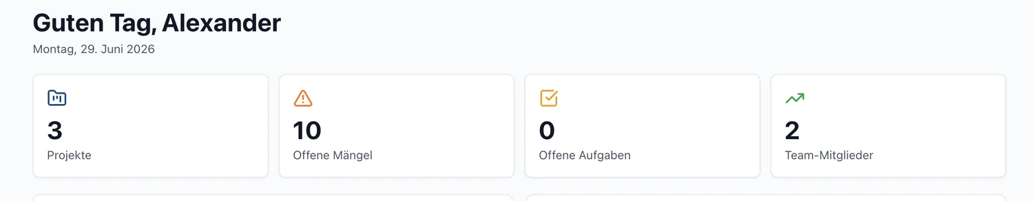easyArchitekt Dashboard mit Projekten, offenen Mängeln und Aufgaben