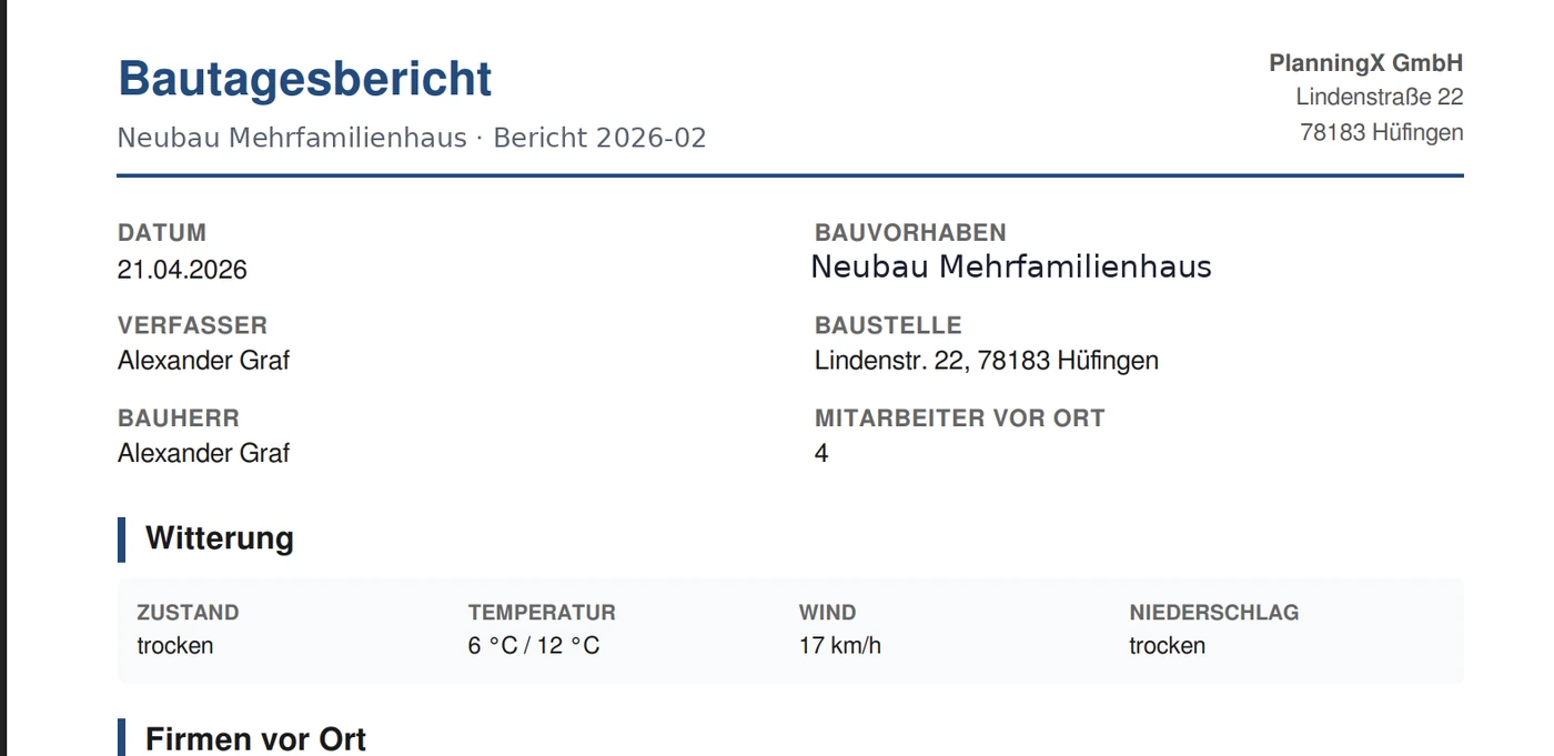 Als PDF exportierter Bautagesbericht aus easyArchitekt