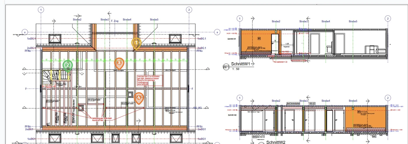 Mängel als nummerierte Pins auf einem Werkplan verortet in easyArchitekt